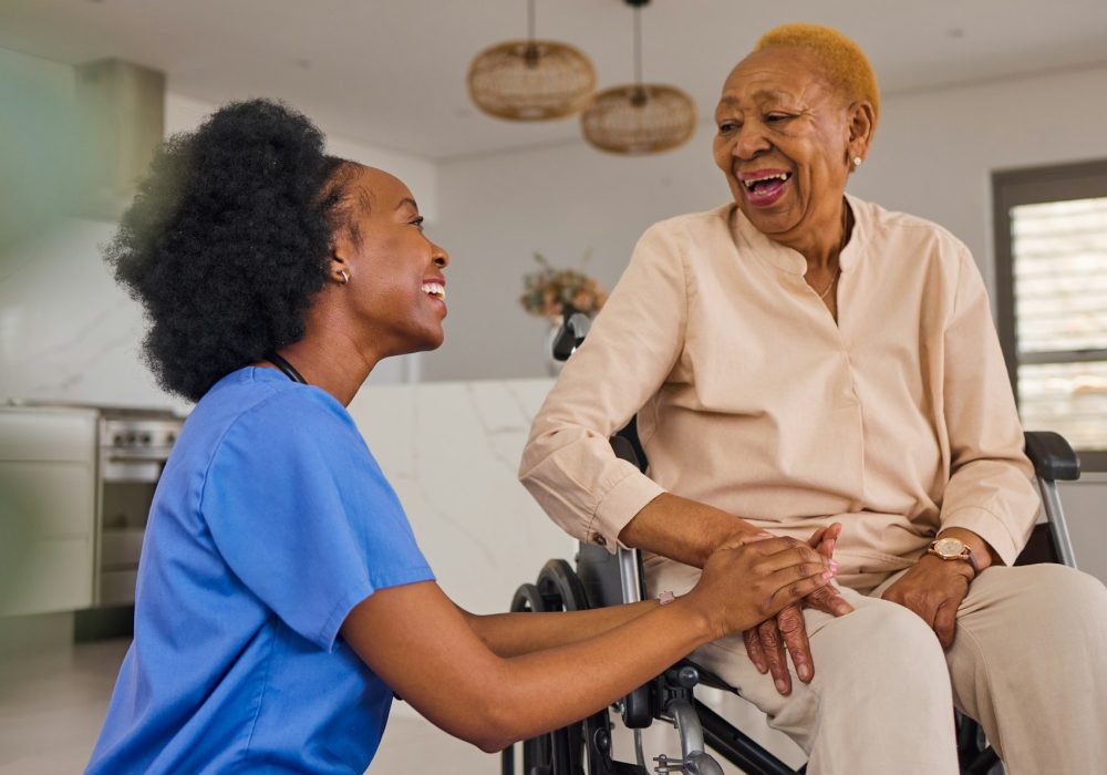 Black people, nurse and senior patient in wheelchair, elderly care and healthcare at home. Happy Af